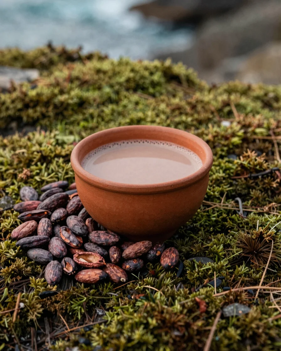 A bowl of raw ceremonial cacao beans and a prepared cacao drink,