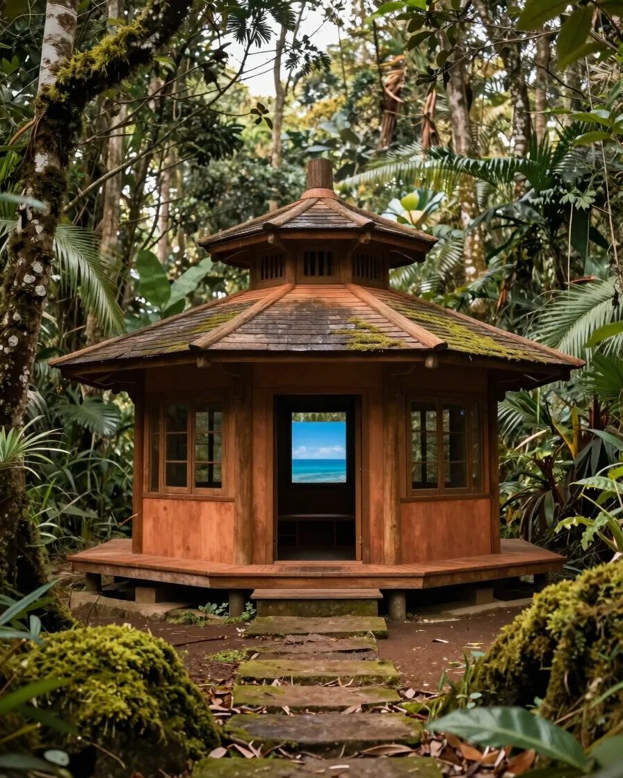 Serene wooden healing temple structure in southern Brazil forest,