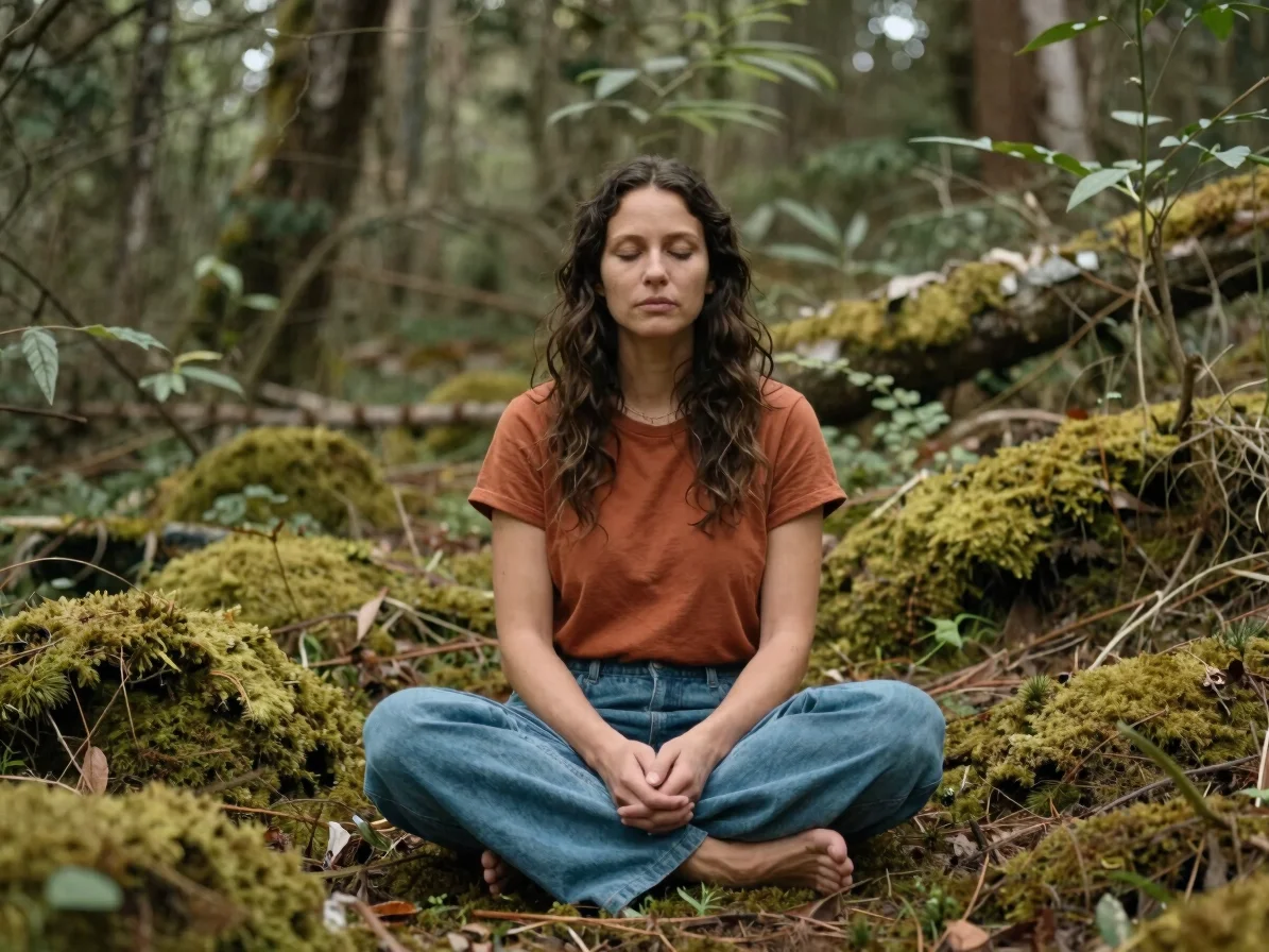 Warm organic portrait of a spiritual healer sitting peacefully in nature, diffused daylight, moss and earth tones, 35mm