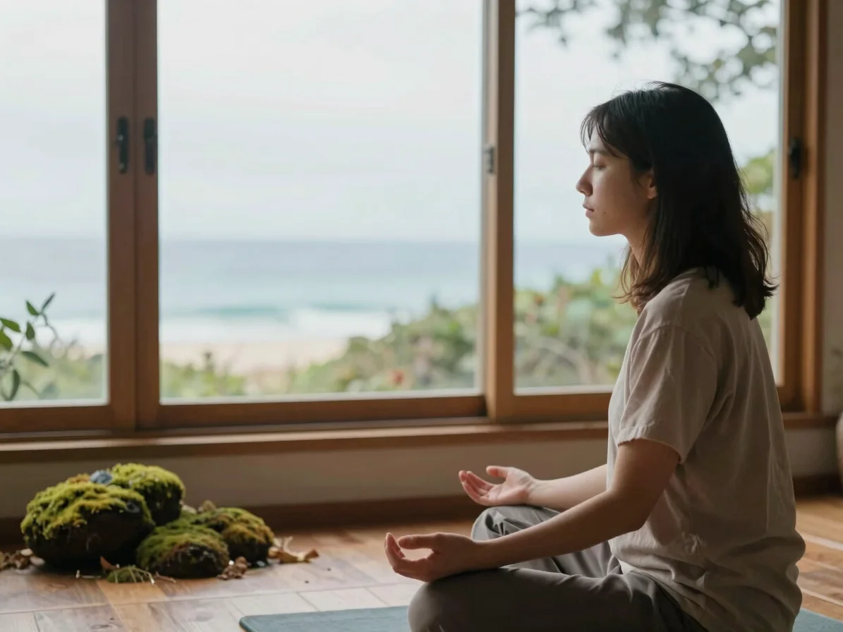 Integrative therapist in a quiet wooden space conducting a subtle meditation session, soft natural window light, 35mm le