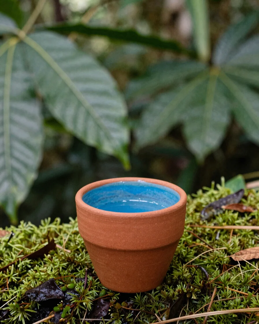 Close-up of a cup of Ayahuasca with jungle leaves in the backgrou