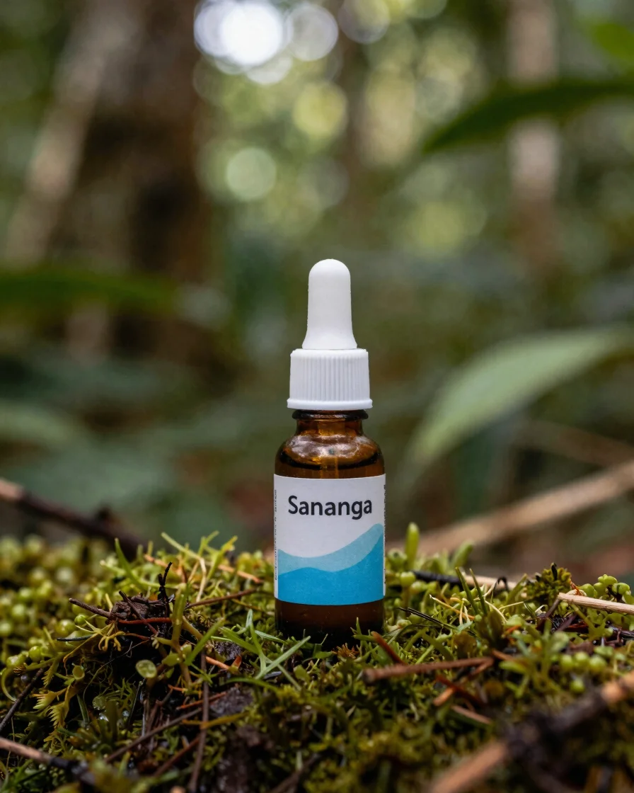 Close-up of a small bottle of Sananga eye drops, with jungle foli