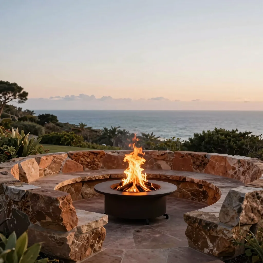 Outdoor fire pit at golden hour, gentle flames, natural stone sea
