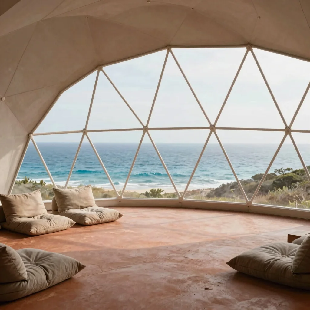 Interior of a geodesic dome, natural light, minimalist and calm,