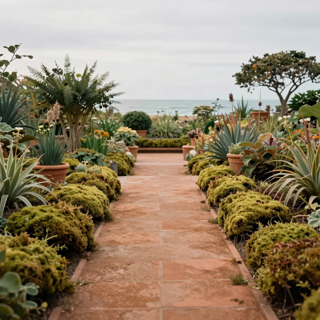 Path through the gardens leading to a communal space, soft daylig