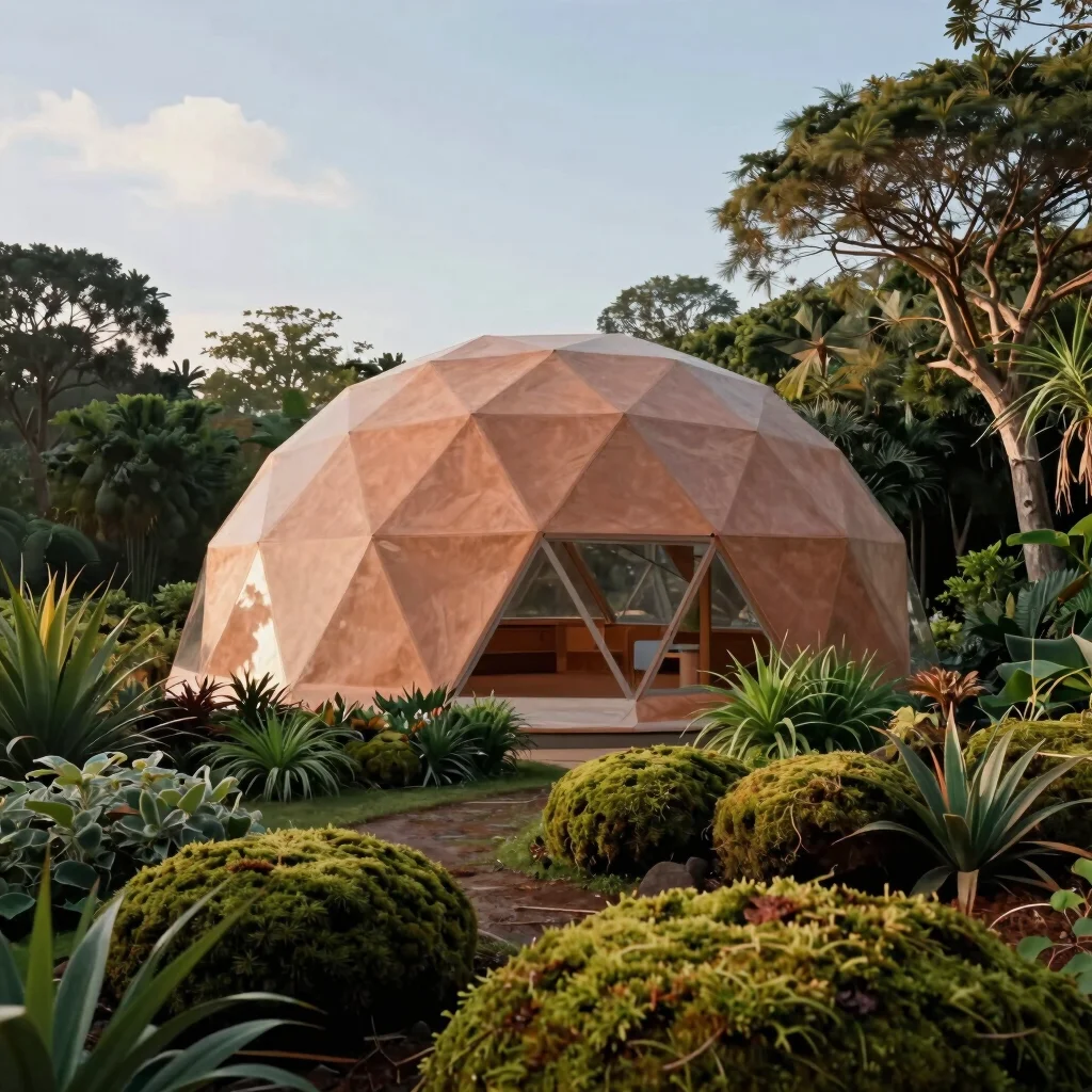 Wide panoramic shot of a geodesic dome nestled in lush green gard